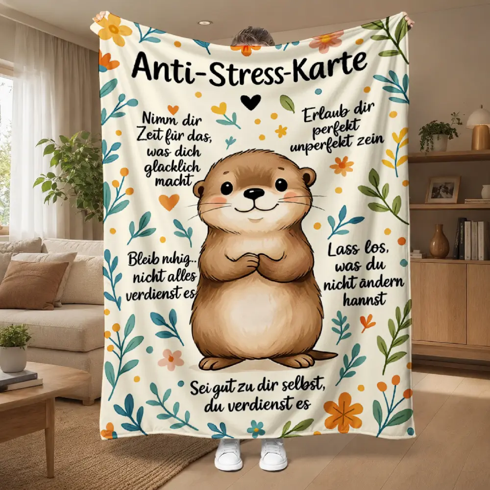 Anti Stress Karte With Cute Otter And Floral Patterns And German Inspirational Quotes -Seasons Flannel Blanket Camping for Living Room, Office Machine Washable,suitable as a gift for parents and friends, an ideal camping and travel companion, or a holida