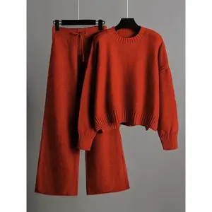 Ladies' Early Autumn New Sweater Fashion Two-piece Set: Unique Pattern Round Neck Drop Shoulder Long Sleeve Pullover + Straight Wide Leg Pants Combination, Loose And Casual SeriesGift