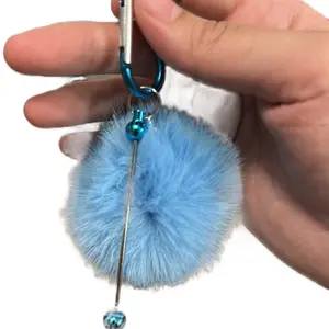 Pompom Keychain with Blue Pom-Pom, Blue Pendant & Ring, Adjustable Design