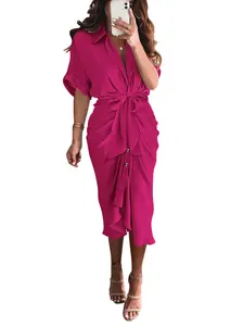 BTFBM 2026 Women Button Down Ruched Shirt Dresses Short Sleeve Lapel V Neck Elegant Party Spring Summer Maxi Satin Dress