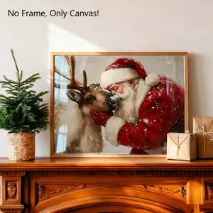 1Pc,No Frame,Only Canvas,Unframed Art Print,Retro Style,Oil Painting Style, Santa Claus And Deer Pattern Painting,Christmas Wall Art Decor Living Room Bedroom Office,Home Decoration,Perfect Gift
