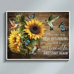 Sunflower Hummingbird Vintage Diamond Painting Art Picture "Every Day is a New Beginning" Quote Poster Floral Mosaic Cross Stitch Kit Wall Decor