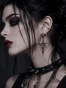 Gothic Punk Heart Wing Earrings, Heart Shaped Earrings, Heart Zirconia Chain Spike Design, Luxury Gothic Jewelry, Perfect for Parties and Streetwear