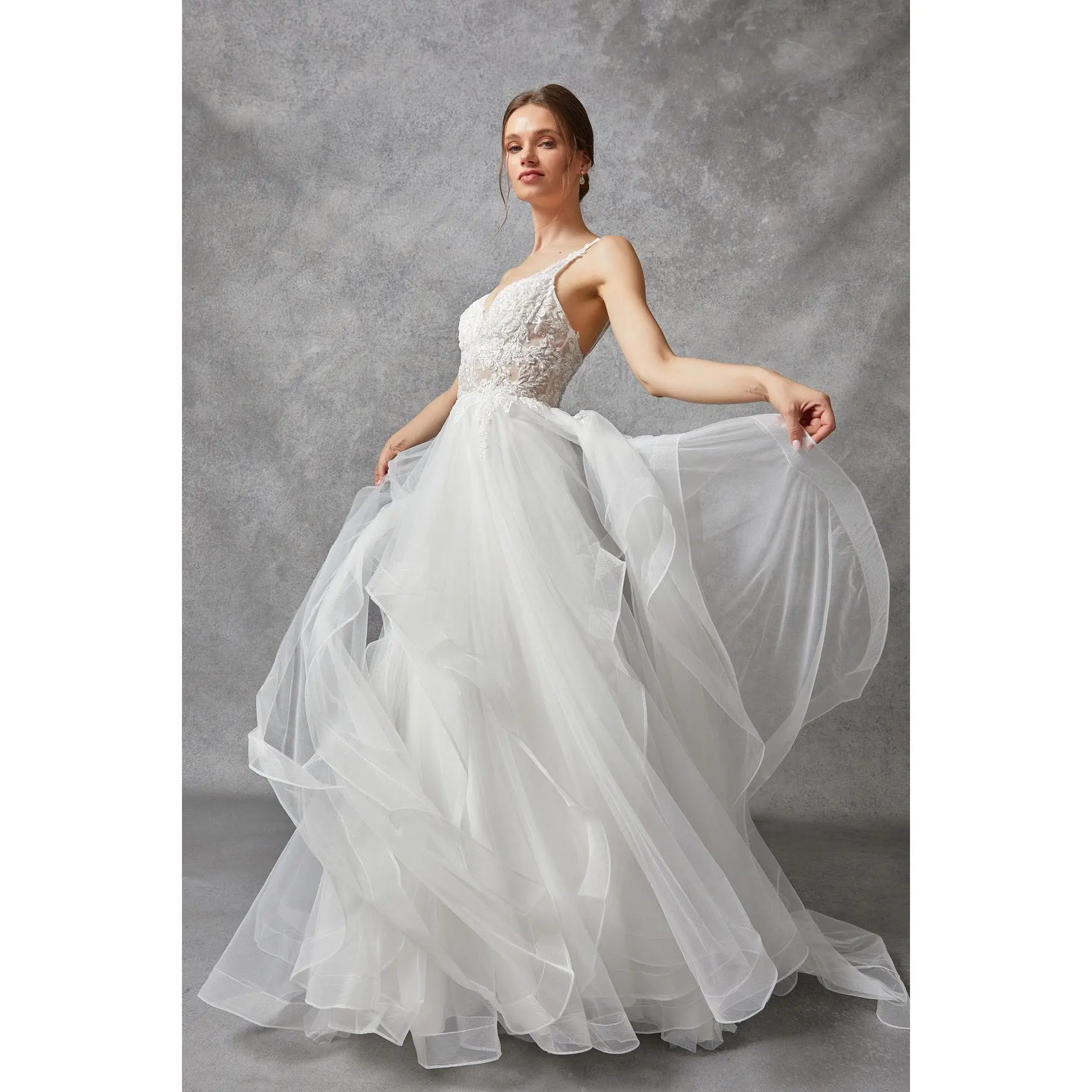 Off White A-Line Boho Wedding Dress with Multilayer skirt