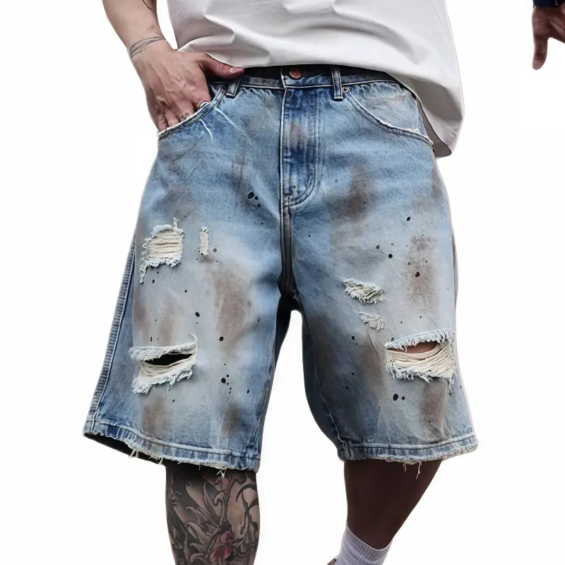 Men's Distressed Denim Jortings Ripped Frayed Edge Splatter Ink Washed Finish Classic Five Pocket Knee Length Bottoms For Hip Hop Streetwear Urban Daily Outings Skateboarding Trendy Casual Summer Apparel # SummerWins