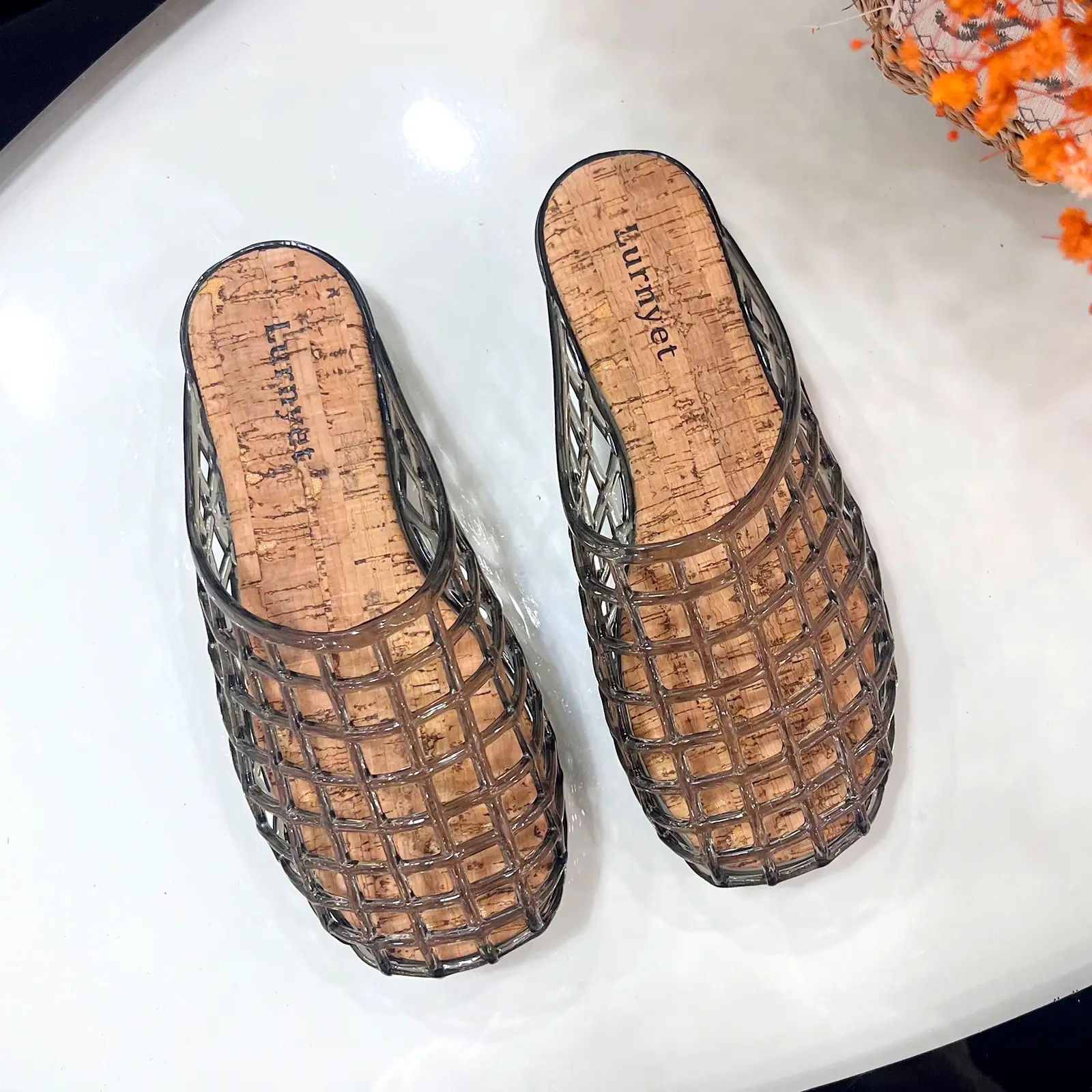 Women Hollow Grid Jelly Mule Slides, Closed Toe Breathable Flat Slip On Sandals, Cork Insole Vintage Summer Outdoor Slippers football sport non Reindeer Memory Foam Christmas