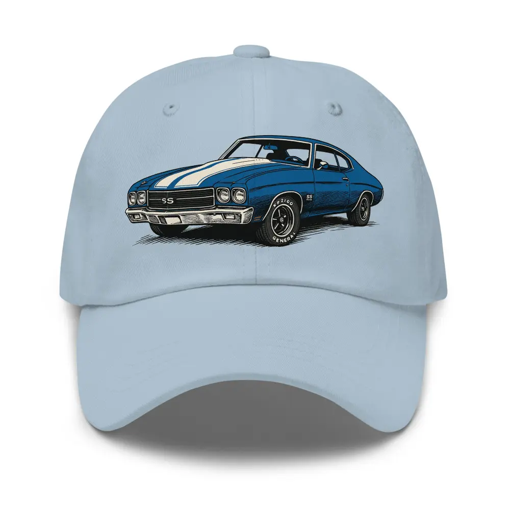 1970 Chevelle SS Muscle Car Dad Hat - Classic Blue A-Body Vintage Racing Adjustable Baseball Cap 100% Chino Cotton Twill Low Profile