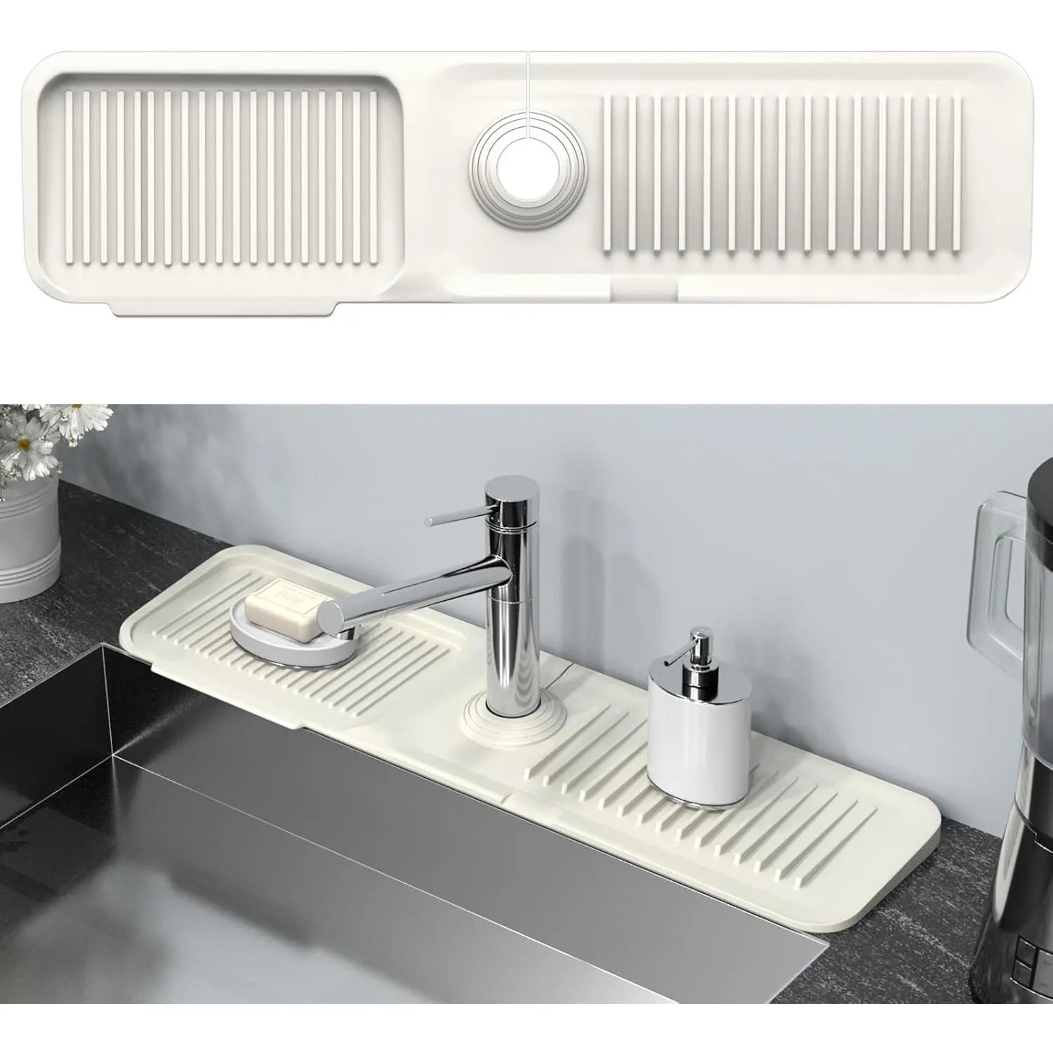 Silicone Folding Kitchen Sink Faucet Mat - 24x5.5in Cream White Water Splash Proof Guard, Draining Organiser for Home Use, Household Gift Item