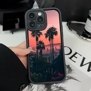 Palm Tree View Pattern Man's Phone Case for iPhone 16 15 14 Pro Max 13 12 11 XR XS Plus Shockproof Non Slip Military-Grade Protection Silicone Cover Cellphone Protective Smartphone Casing