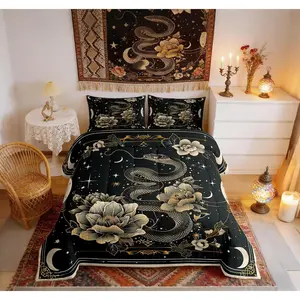 Gothic Snake Young Comforter Set,Boho Mystic Animal Starry Moon Glitter Exotic Trippy Bedding Set,All Season,Rustic Lotus Flowers Snake Floral Comforter