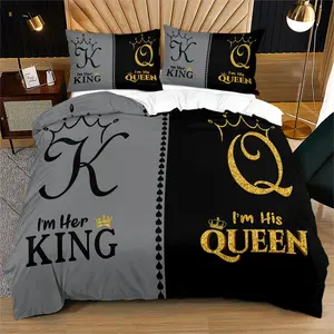 Couple "King & Queen" Themed Duvet/Bedding Cover Set, Bed Sets (2/3 Pcs): Includes 1 Duvet Cover + 1/2 Pillowcases (No Filler), Crowns, Hearts, "King/Queen", "me & You" Lettering, Couple Bedrooms, Wedding Rooms, Guesthouses, Popular with Couples