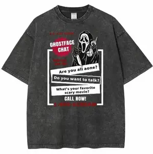 Unisex Acid Wash 90s Slasher Film Halloween Print Short Sleeve Casual T-Shirt