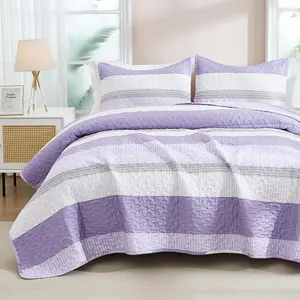 Queen Quilt Lavender, 3 Patchwork Purple Striped Ultra Lightweight Bedspreads, Coverlets with 2 Pillow Shams for Seasons (90"x96")