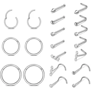 20 Pieces of Surgical Steel Nose Rings, Hypoallergenic Nose Rings and Ear Studs Set, L-shaped Nose Studs, Exclusively for Women and Men