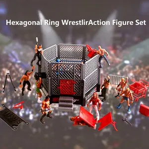 Kids Wrestling Hexagon Ring Playset - Viral FYP 32-Piece Gladiator Battle Toy Kit with 12 Wrestler Action Figures, 18 Accessories, Trendy Pretend Play for Boys, Ideal Birthday & Children's Day Gifts for 12 Years Above Playtime Enthusiasts