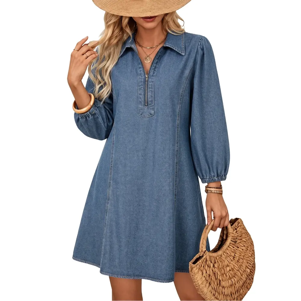 Dokotoo Women's Western Denim Mini Dress, High Waist 3/4 Sleeve Zip Up Casual Dress, Loose Fit Cowboy Streetwear Outfit