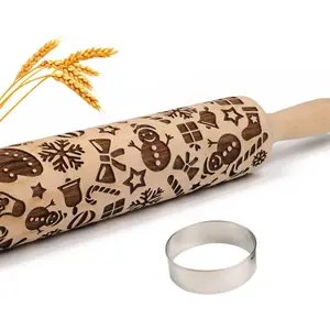 Christmas Embossed Rolling Pin for Baking Cookies Embossing Rolling Pins with Design Wooden Engraved Springerle Roller Pin Dough Patterned Clay Pottery Ceramic Bakers Women  (Snowflake & Snowman)