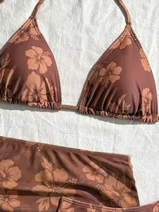 Fashion Print Bikini Set, Beach Vacation Mesh Short Skirt Swimsuit, Three-Piece Swimwear, Stylish Bathing Suit for Women, Floral Swimsuits, Tropical Print Bikinis, Floral Print Bikinis