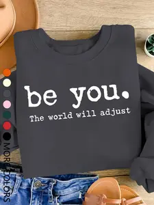 Women's Casual Letter Print Long Sleeve Sweatshirt, Fitted Woven Fabric, Breathable Comfort, Fall & Winter Fashion, Daily Wear, Womenswear