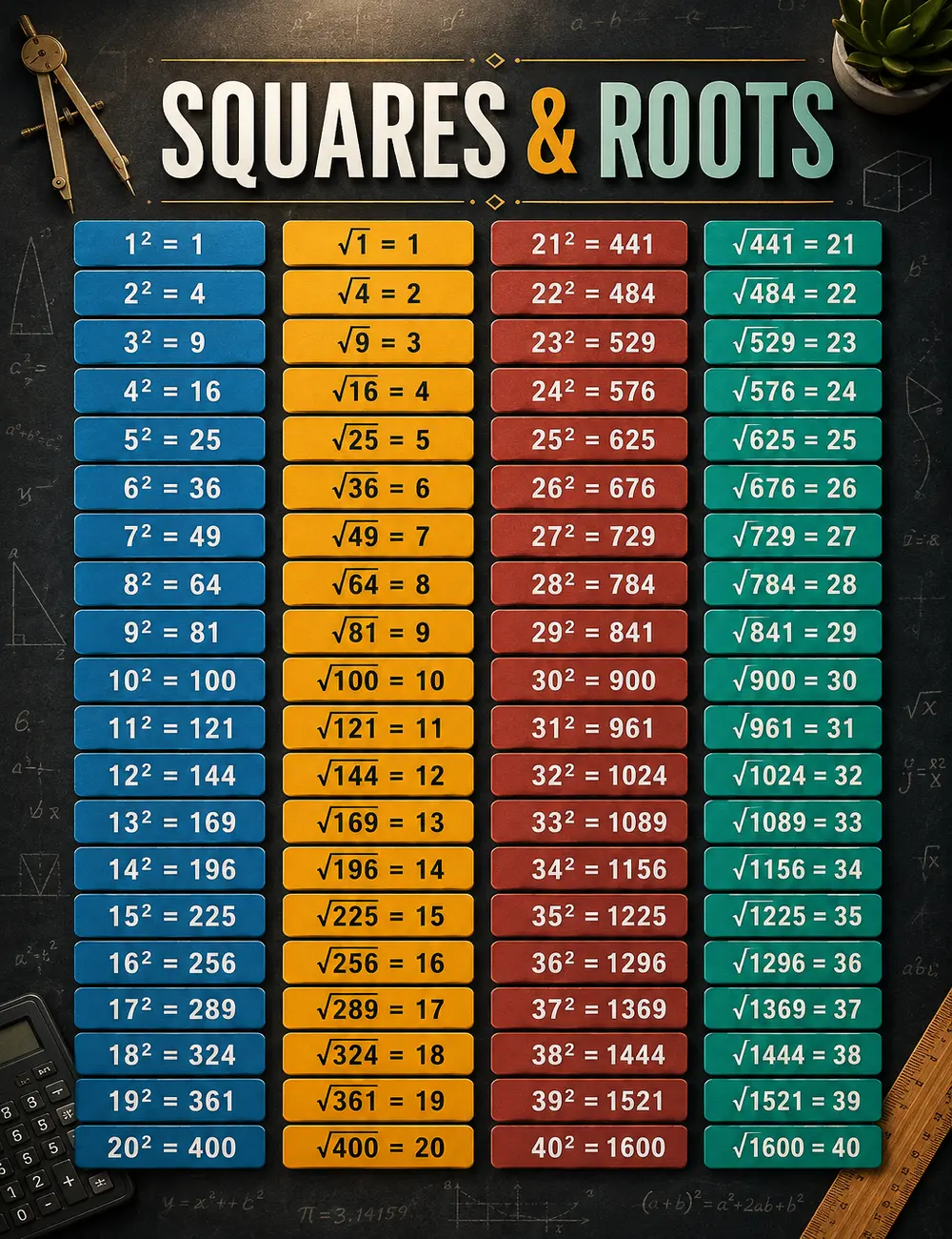 Squares and Roots Math Poster, Square Numbers 1-40 Chart, Perfect Squares and Square Roots Reference, Math Classroom Decor, Algebra Study Guide, Mathematics Wall Art, Educational Learning Poster, Teacher Classroom Artwork, Student Study Room Decor