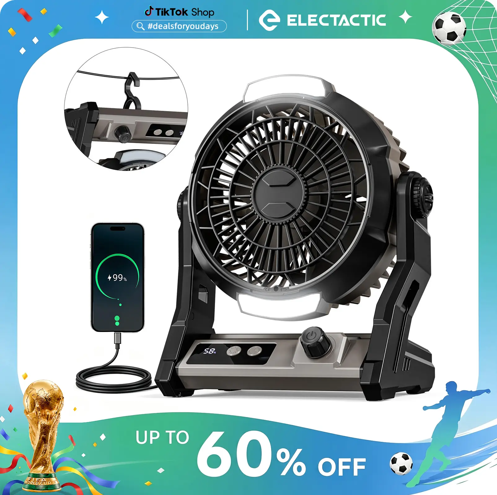 [Clearance Sale]Electactic Camping Fan with 100 Wind Levels, 7-25H Runtime,Power Bank Function for Emergency Charging, 2-Level Night Light, 4 Timer, 10000mAh, 3-in-1 Design (Desktop/Wall-Mounted/Hanging), Portable Rechargeable Fan for Tent, Outdoor, grey