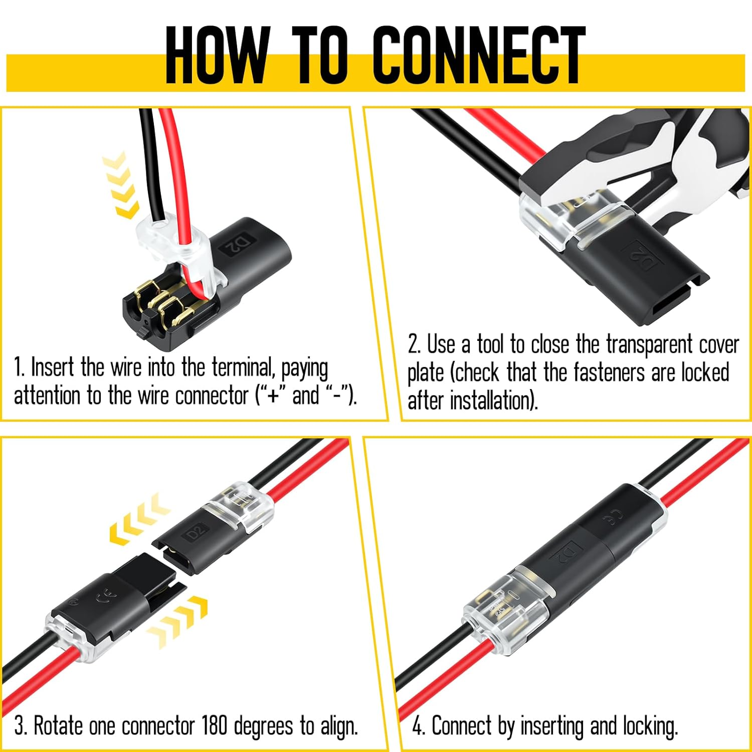 2 Pin LED Light Connector Universal Locking Buckle Double Wire Low Voltage Fast Plug LED Strip Adapter for Automotive Car Motorcycle LED Lighting Wiring