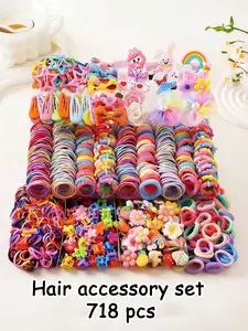 718/719pcs-Girls' Hair Accessories Set, Cartoon Design, Multiple Styles & Colors, Suitable for All Seasons, Daily Use, Including hair clips, hair ties, hair ribbons, hair clasps, and hair ties., Choose Storage Box Option, Cute Cartoon Bowknot