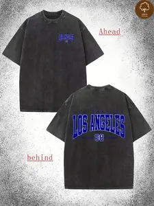Men's Heavyweight Vintage Washed T-Shirt - Double-Sided Los Angeles '33 Graphic Tee - Oversized Streetwear Shirt - Soft Breathable Fabric - Machine Washable Retro Clothing - Black/Blue Retro Style Everyday Casual Top, Weekend Outfit
