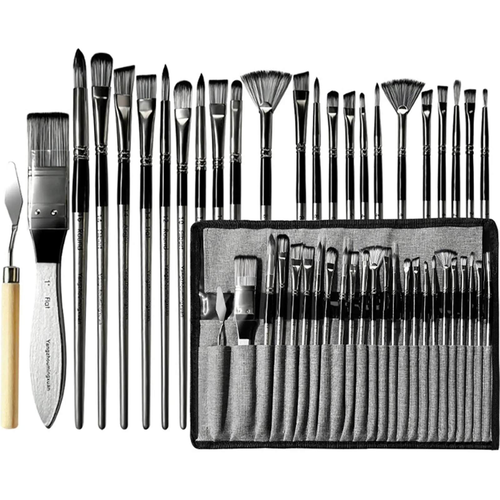 24pcs Nylon Brush Set Oil Painting Brushes with Scraper Artist Paint Brushes Different Shape Gouache Watercolor Brushes Wooden Handle Art Supplies