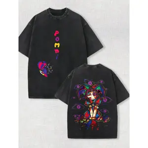 Pomni v2 The Amazing Digital Circus Double Sided Acid Washed Graphic Tee Lightweight Cotton Shortsleeve Unisex Retro Streetwear Casual Crew Neck Top Ideal Gift for TV Show Movie Fans Everyday Fashion Outfit