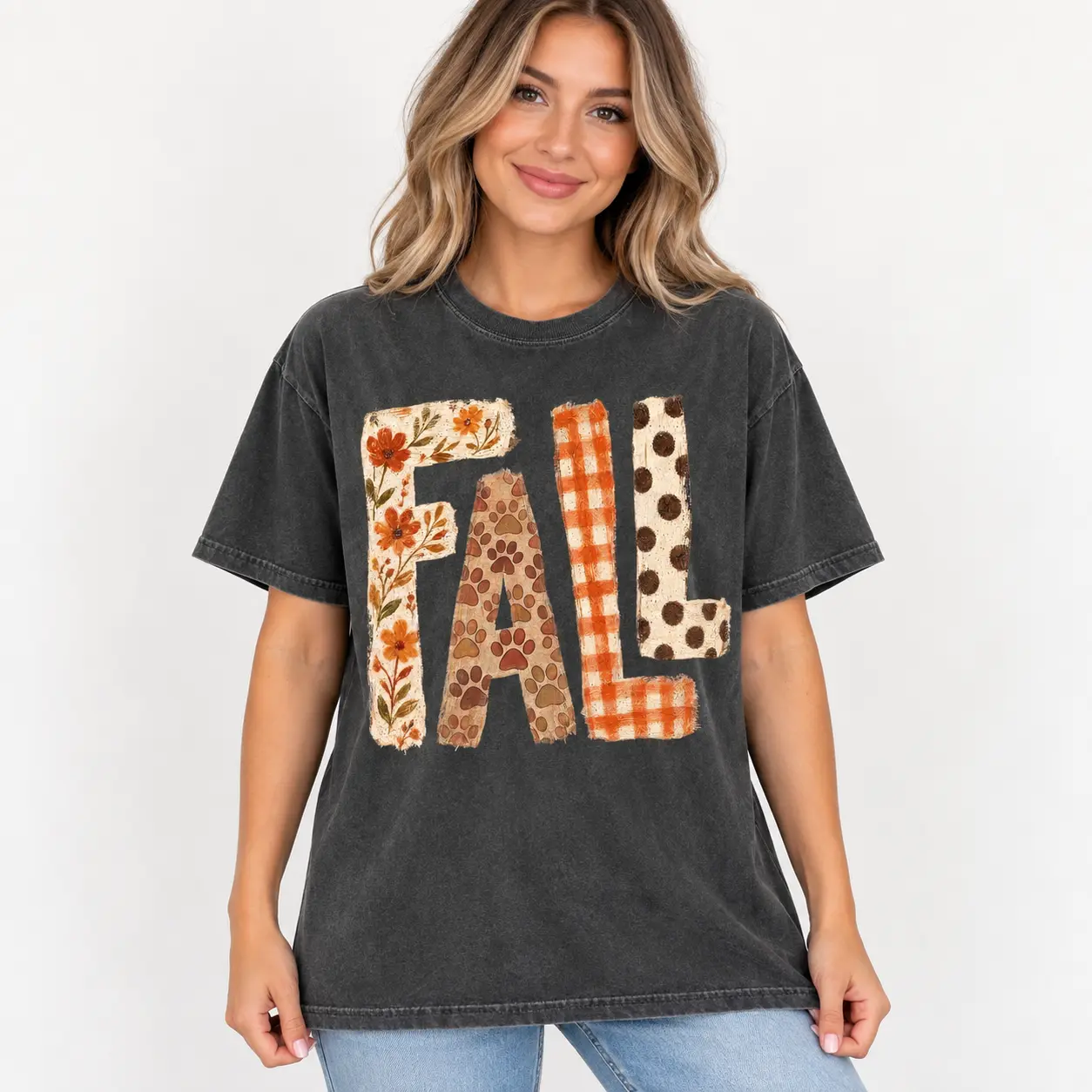 Fall Patchwork Comfort Colors Shirt, Cute Autumn Floral Paw Print Graphic Tee, Cozy Fall Season Shirt for Women