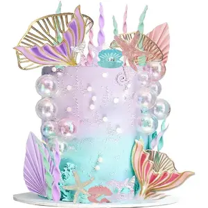 26pcs Mermaid Cake Topper Big Mermaid Tails Seaweed Bubbles Shells and Golden Ginkgo Leaves Cake Set for Mermaid Cake Decoration