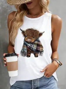 Women's Cute Highland Cow Graphic Tank Top, Plaid Scarf Print Sleeveless Casual Top for Summer Streetwear