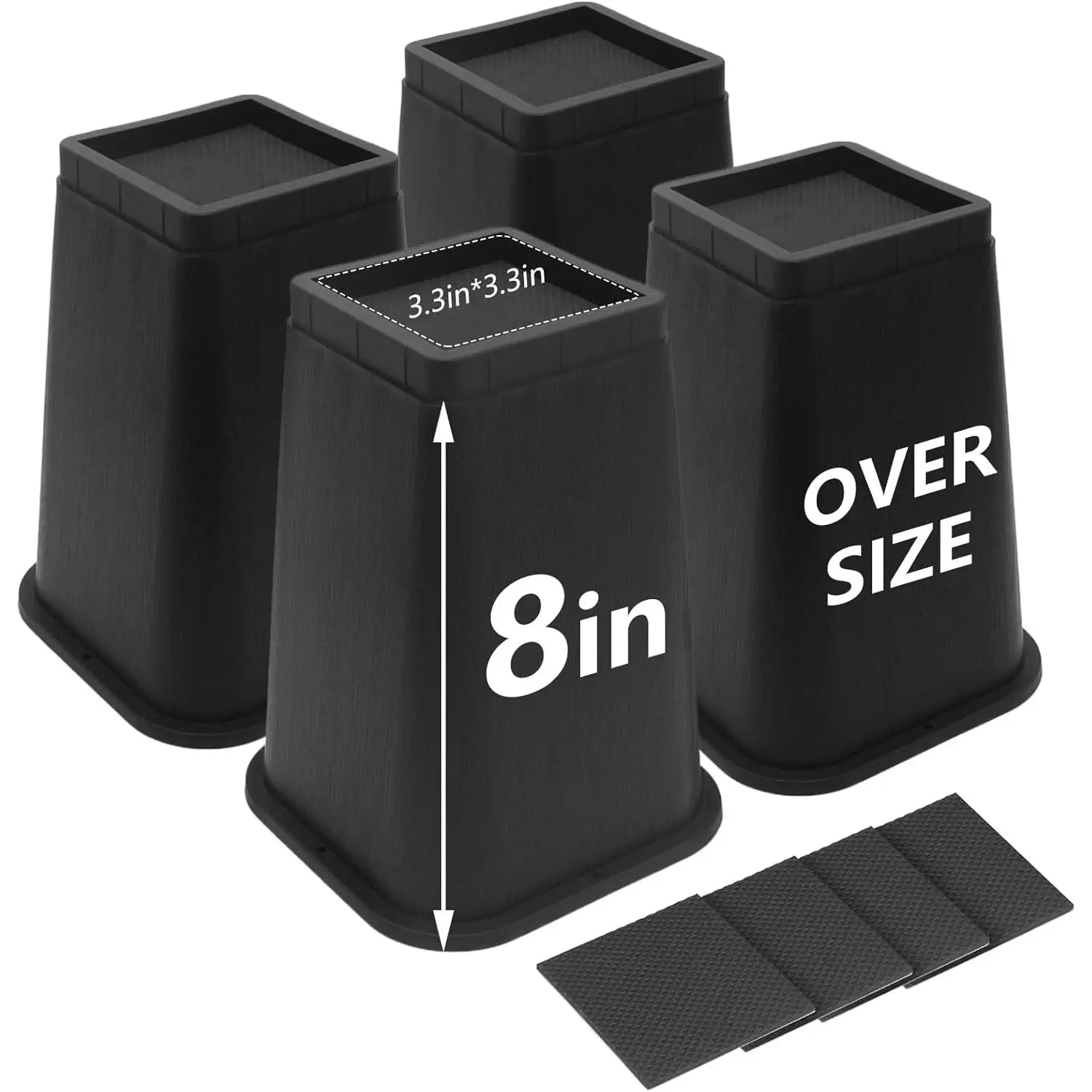 8-Inch Heavy-Duty Furniture Bed Risers, Solid Black 4-Pack for Twin XL Frames, Desks, Sofas, Dorm Use, 8 Inches