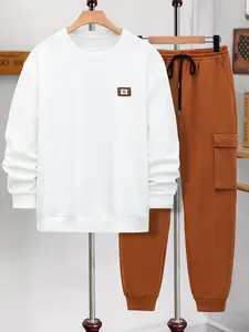 Men's Casual Long Sleeve Round Neck Sweatshirt Set, Drawstring Waist Pants, Fall & Winter Fashion, Regular Fit, Two Pockets Design