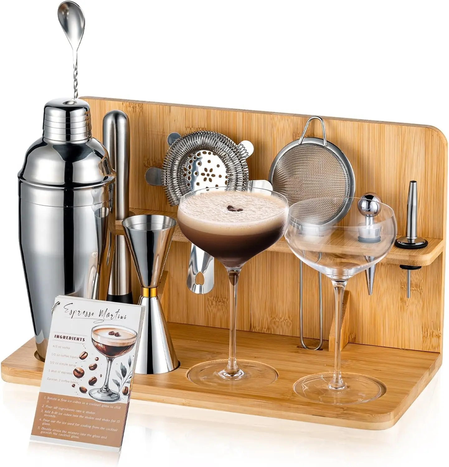 USEERIL Espresso Martini Kit Gifts Set with 2 Glasses,Mixology Bartender Kit, Shaker Set with  Stand for Drink Mixer,Bar Set for House Warming Gifts, bar,Party Favors