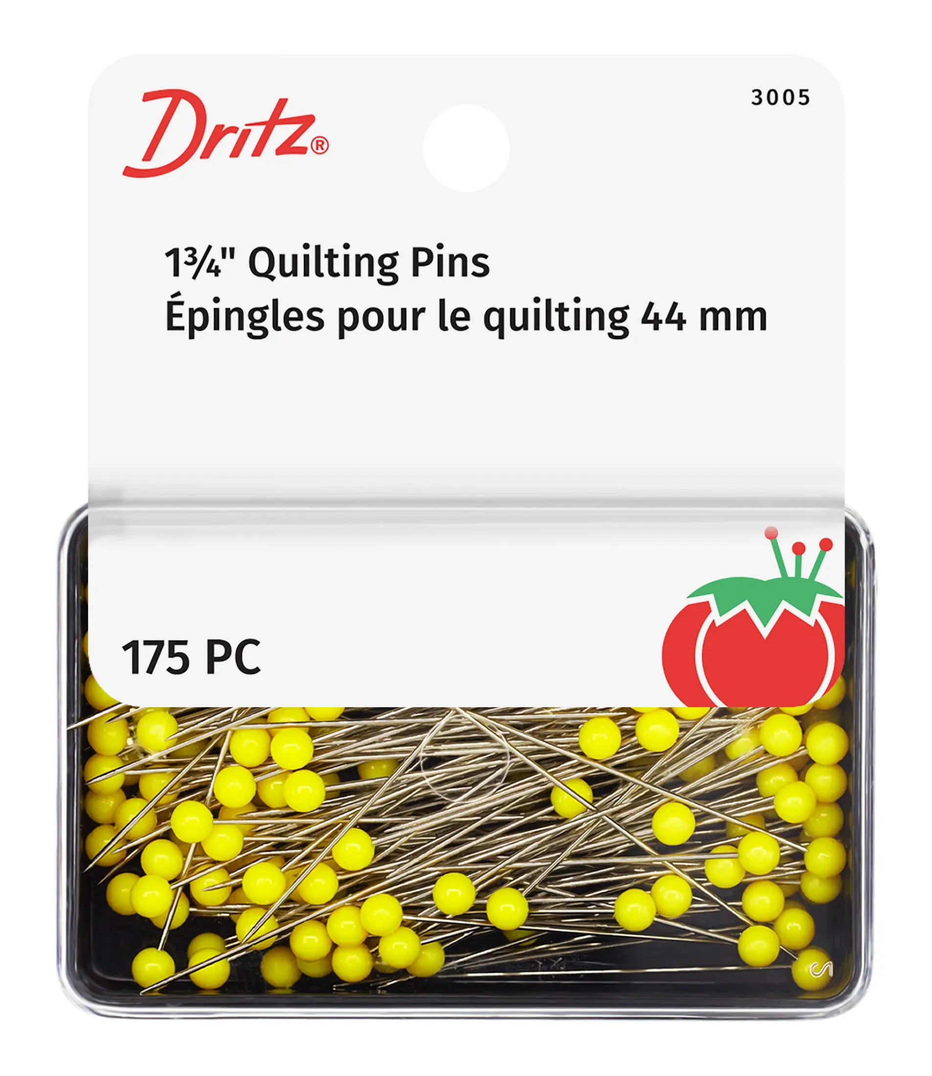 1-3/4" Quilter's Pins with Reusable Storage Box, 175 Count, Yellow, Extra-Long Steel