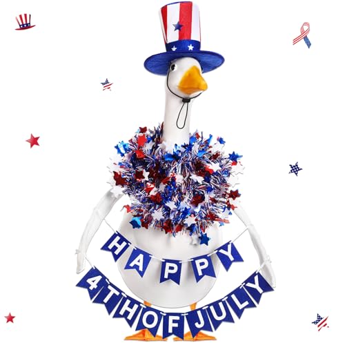 4th of July Porch Goose Outfits for 23'' Cement Plastic Porch Goose Statue, Memorial Day Patriotic Porch Goose Clothes with Flag Star Red Blue White Strip Porch Goose Costume for Independence Day Summer Outdoor Lawn Yard Garden Porch Decor
