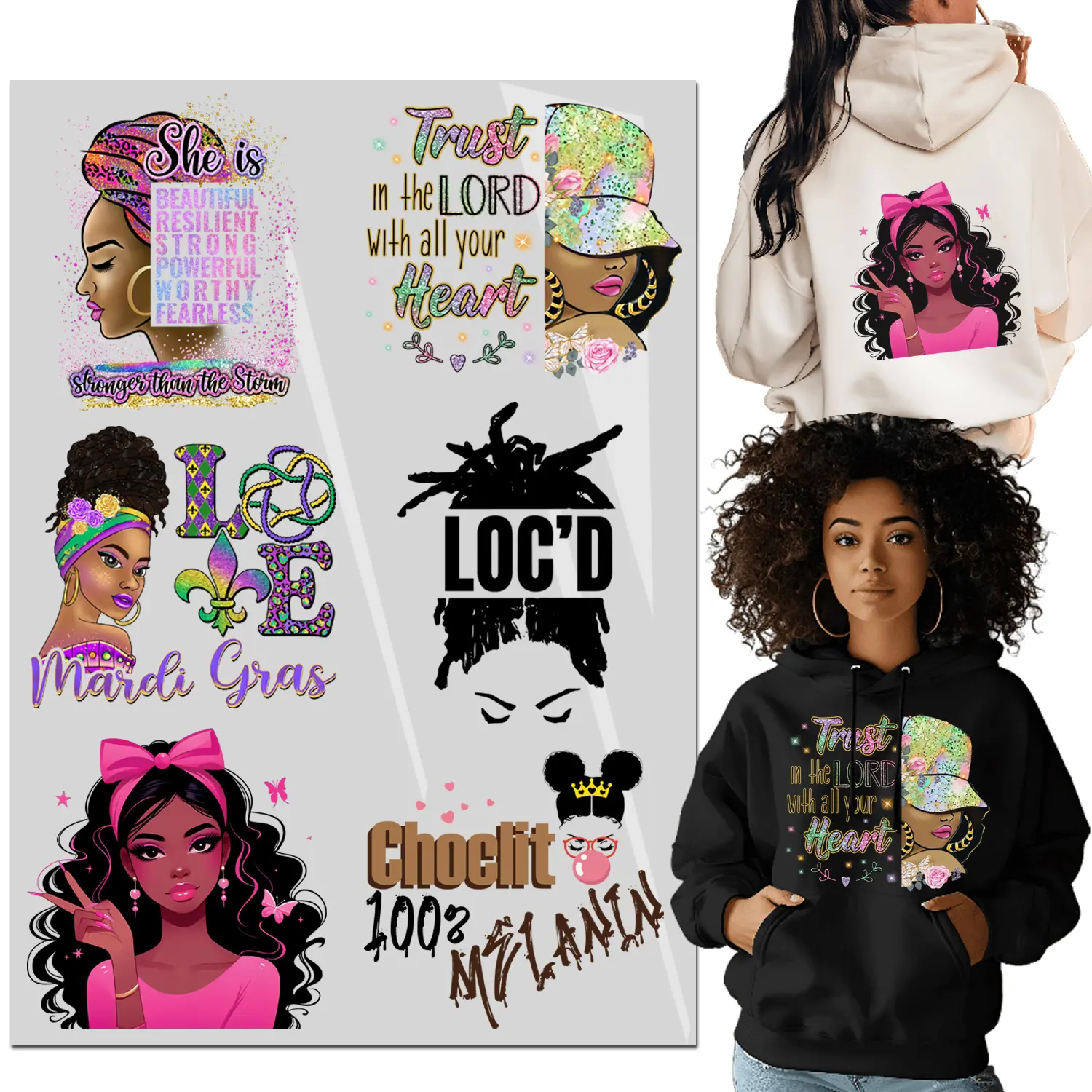 6PCS cute Black Girl Iron On Transfer T-Shirt Stickers Iron Heat Transfer DIY for t-Shirt/Bags/Pillow/Clothing DTF transfers Ready to Press