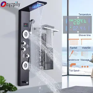 Lue's House Luxury Black/Brushed Bathroom LED Shower Panel Tower System Wall Mounted Mixer Tap Hand Shower SPA Massage Temperature Screen