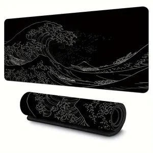 Large Gaming Mouse Pad Featuring Abstract Black And White Japanese Wave Designs, Measuring 35.4X15.7 Inches, with a Non-Slip Rubber Base And Stitched Edges, Suitable for Office And Home Gaming.