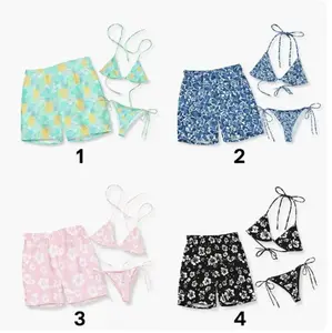 Tropical Floral Couple Swimwear – Women’s Tie Side Bikini & Men’s Beach Shorts, Matching His & Hers Summer Beach Vacation Swimsuit