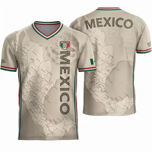 Mexico Soccer Jersey, Vintage Beige Geographic Map Shirt, Aztec Calendar Eagle Graphic Crewneck Tee, Men Women Unisex Football T-Shirt, Viva Mexico Patriotic Heritage Pride, Tan Streetwear Casual Sportswear Tops