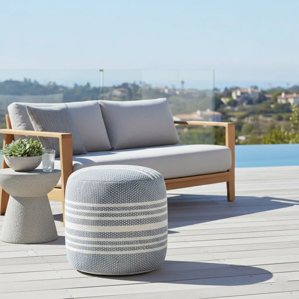 Belvoir Handmade Contemporary Striped Round Indoor/Outdoor Large Pouf Ottoman, Blue