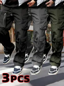 3-pack men’s loose cargo pants with multiple pockets — solid color, loose fit, polyester fabric, straight-leg pants with a drawstring waist; sporty casual style suitable for streetwear, parties, and casual outings; perfect gift choice; breathable fabric,