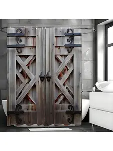 The Perfect Combination Of Rustic Charm: Gray Barn Door Shower Curtain In Vintage Waterproof Fabric, Suitable For All Seasons, With Hooks, Easy To Take Care Of Bathroom Decor, Installation, Polyester