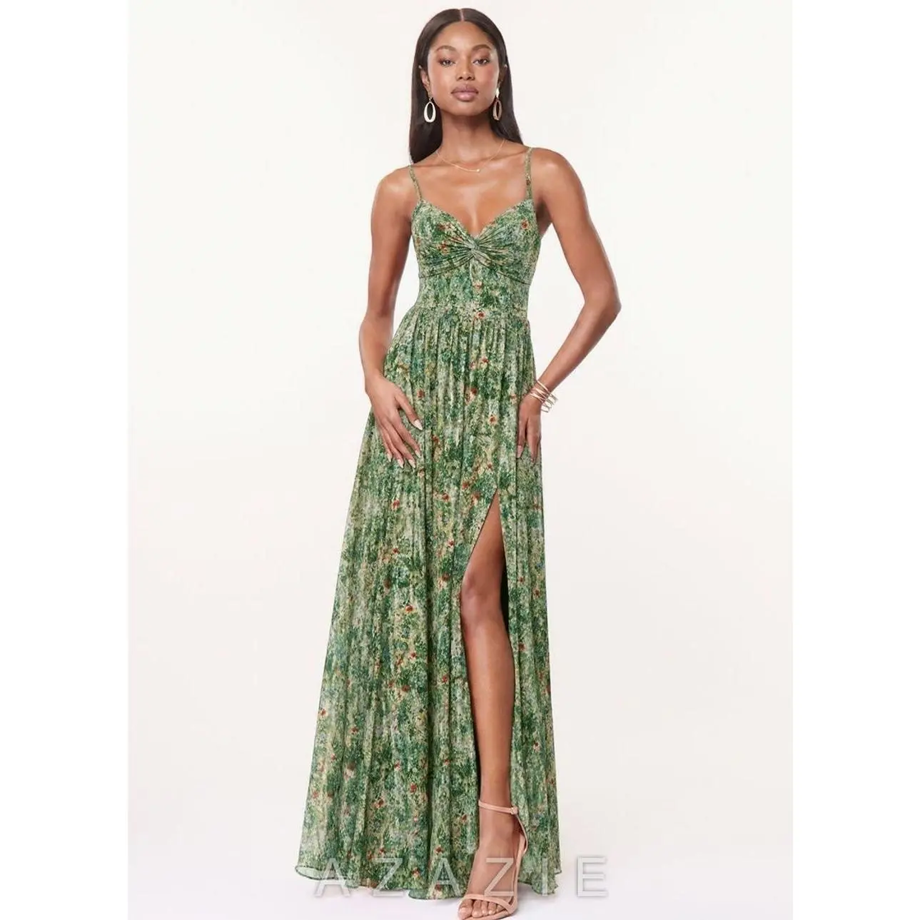 Azazie Women's A-Line Chiffon Bridesmaid Dress - Cute Halter Neck with Spaghetti Straps, Pleated Skirt and Open Back, Elegant, Embroidered