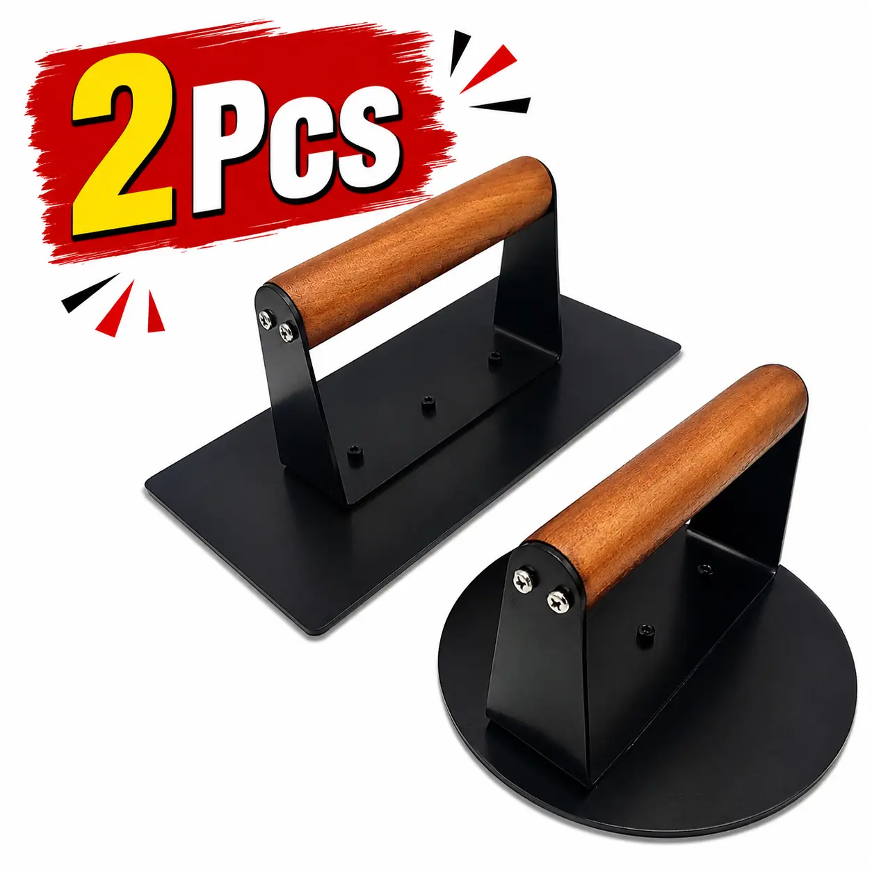 2PCS Stainless Steel Smash Burger Press Set (8in & 5.5in), Heavy Duty Grill Smasher with Heat-Resistant Wooden Handle, Crispy Meat Patties & Juicy Steaks, Kitchen Utensils for Cooking.
