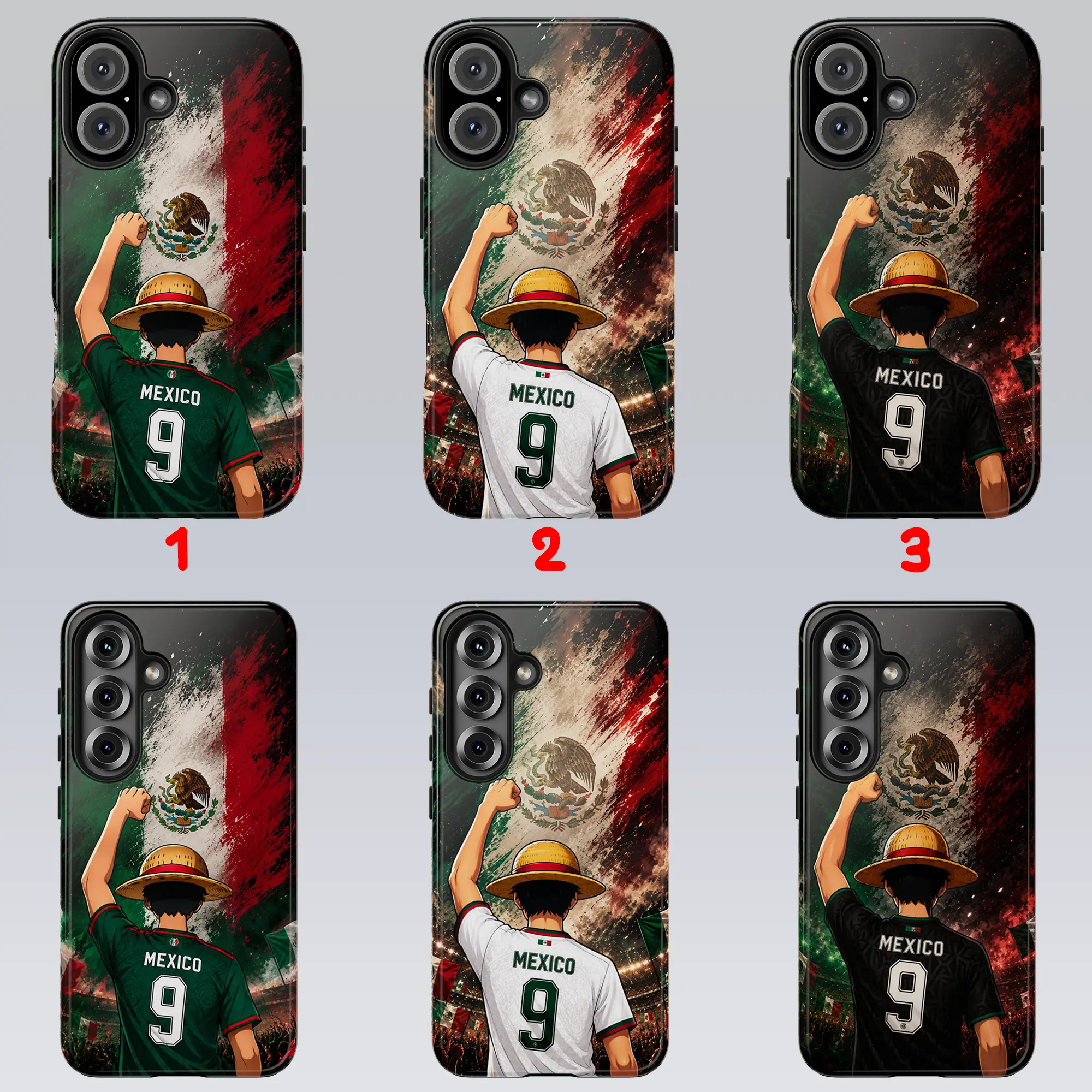 Straw Hat Pirate Captain Mexico National Soccer Team #9 Jersey Phone Case for iPhone and Galaxy - Epic Anime Fan Art in El Tri Colors with Grunge Flag Background - Durable Protective Cover
