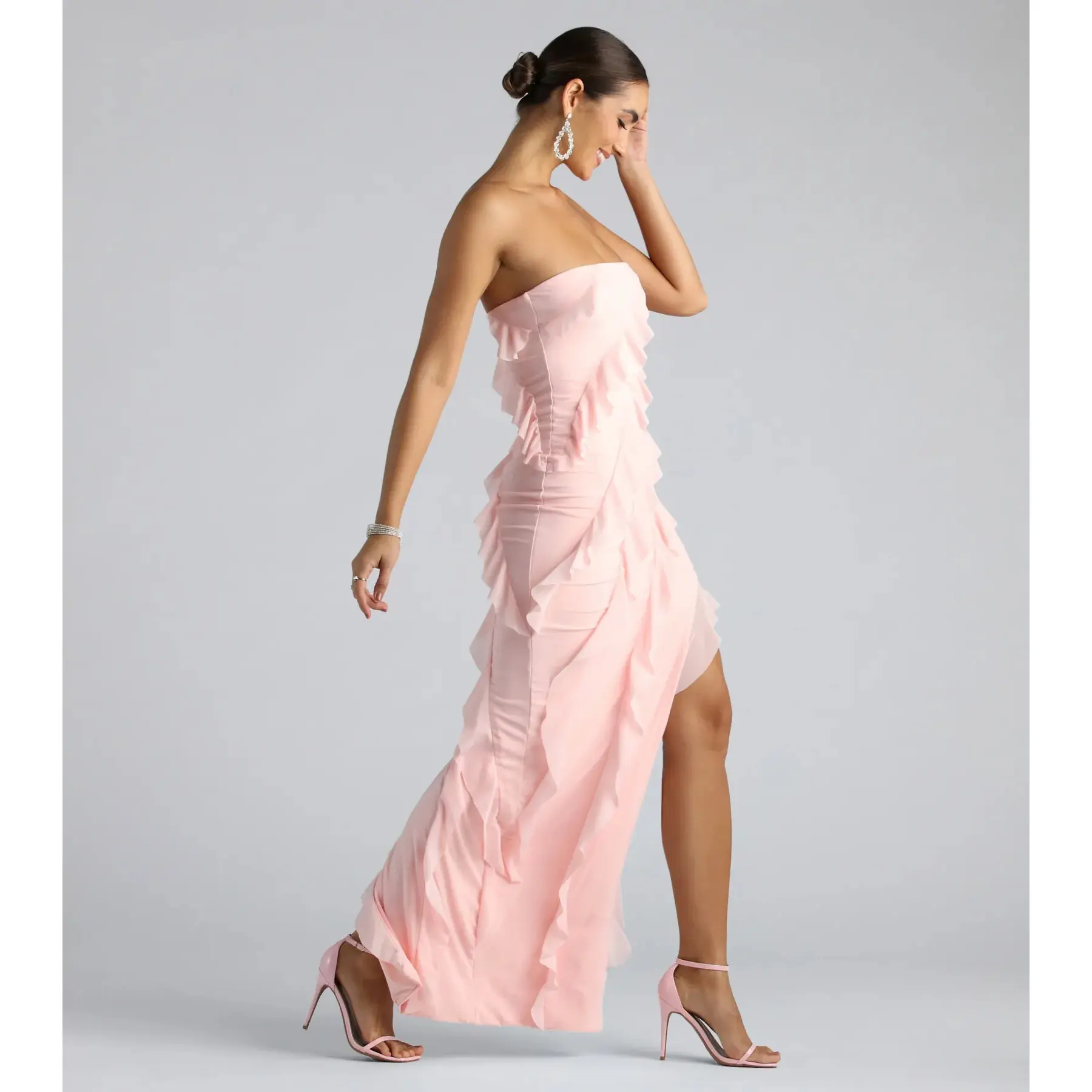 semi formal attire dress for women Ruffle One-Shoulder Pleated Evening Gown by Badgley Mischka main image 1